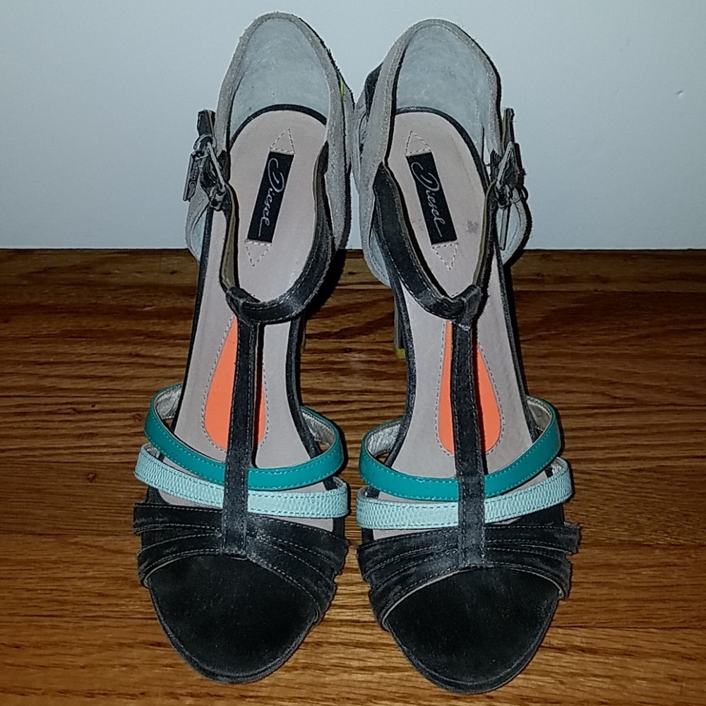 Diesel T-Strap Suede Heels Strappy Sandals Neon